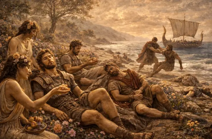 Odysseus’un adamlarının Lotus Yiyenler diyarında lotus bitkisini tattıktan sonra gevşeyip eve dönüşü unutmalarını betimleyen mitolojik sahne; kıyıda dinlenen savaşçılar ve uzakta bekleyen gemi görülüyor.